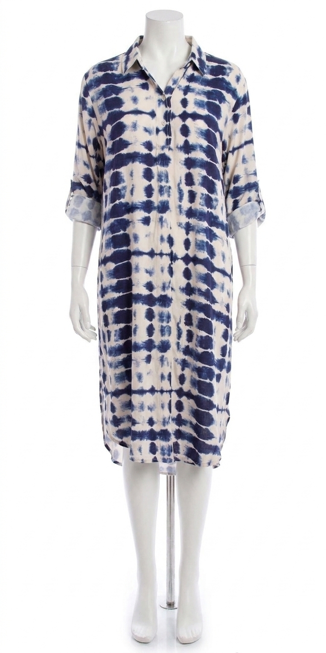 NEW GIGI MODA tie-dye tunic midi dress in beige/navy